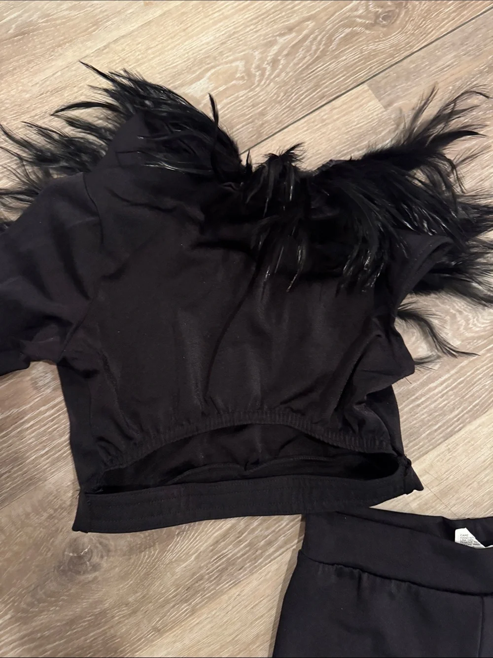 Kelle dancewear- Black Feather-Trim Dance Outfit – Two-Piece Performance Set